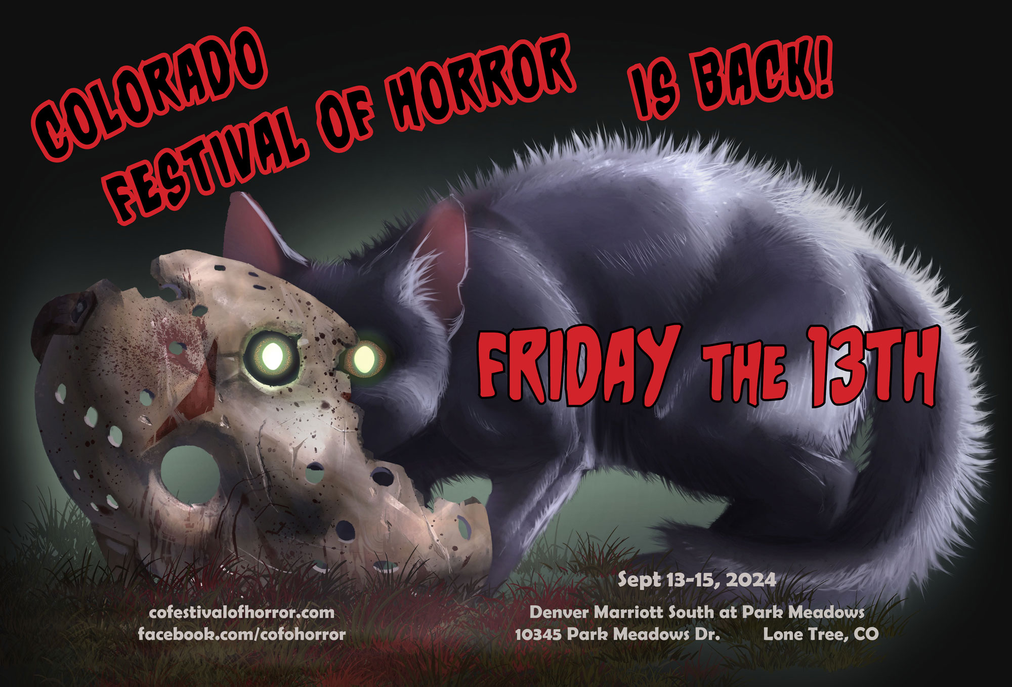 Colorado Festical of Horror Returns September 13-15, 2024 with image black cat and Jason mask