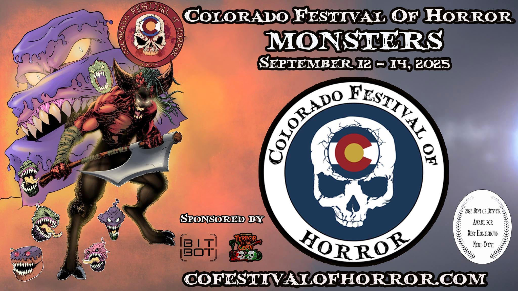 Colorado Festical of Horror Returns September 12th-14th, 2025 with of Alien and Predator in pink and grey background