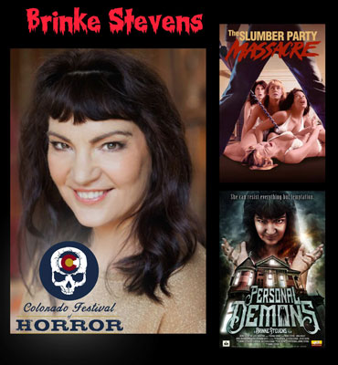 Headshot of Brinke Stevens smiling with medium length black hair and bangs in a gold top with two of her movie covers Slumber Party Massacre and Personal Demons