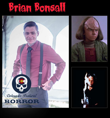 Brian Bonsall man smiling in in a red top black tie suspenders and black pants with two pictures of him from Star Trek Next Generation and another show