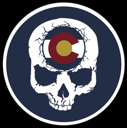 a circle with white skull with blue background with the words colorado festival of horror in the circle