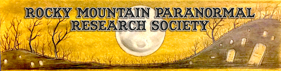 Text of the Rocky Mountain Paranormal Research Society with a greveyard and moon drawn underneath