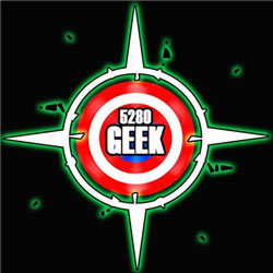 5280 Geek logo, with the words inside a close to Captain America sheild with a green bullseye pointing at it