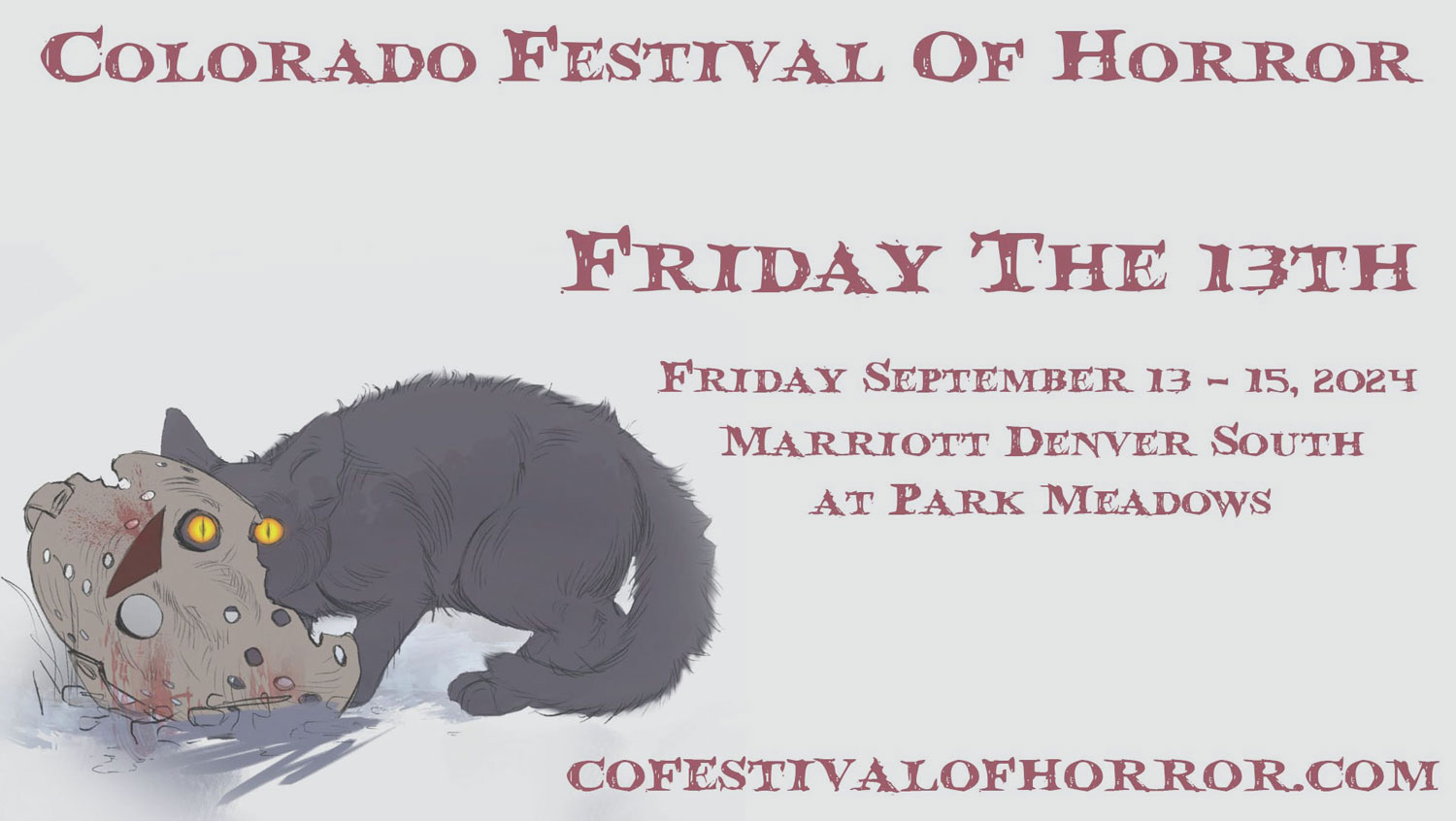 Hand drawn picture of a black cat with a skull in the bottom left corner and the text about Colorado Festival of Horror and the dates