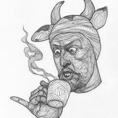 Hand drawn lined picture by Daniel, a self portrait of himself with a steer hat on, a coffee cup with pinky out