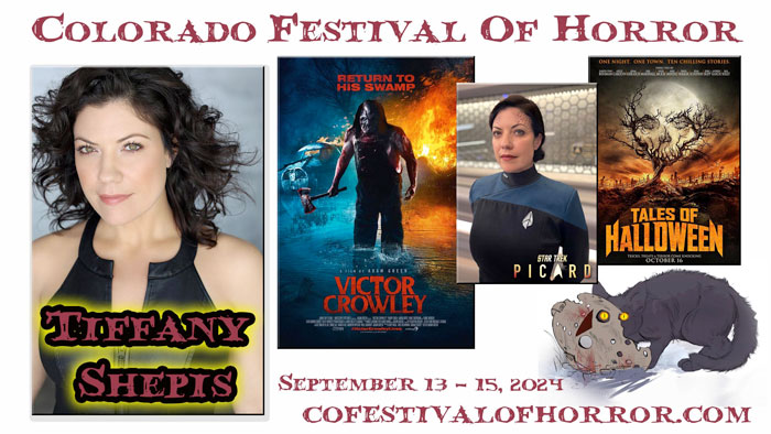 Headshot of a light skinned female with dark curly hair - Tiffany Shepis - with 3 images from work she has been in Victor Crowley, Picard and Tales of Halloween