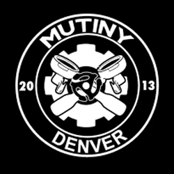 Mutiny Denver a black and white logo with gear and espresso drippers